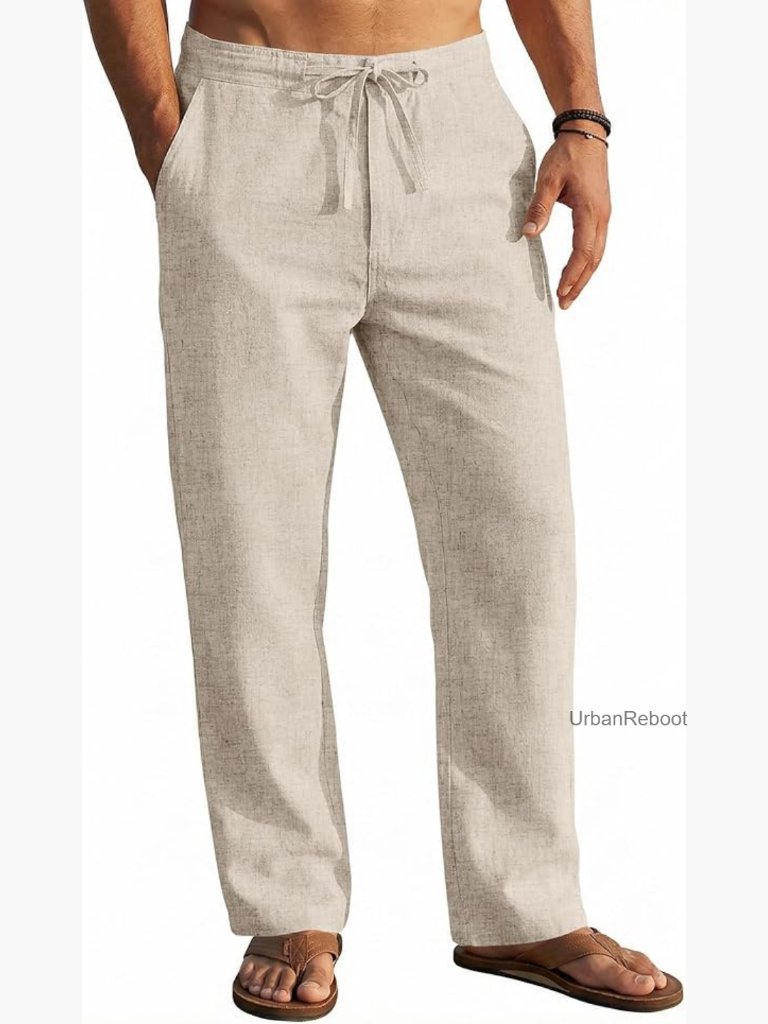 Men's Casual Linen Pants Elastic Waist Drawstring Yoga Beach Trousers